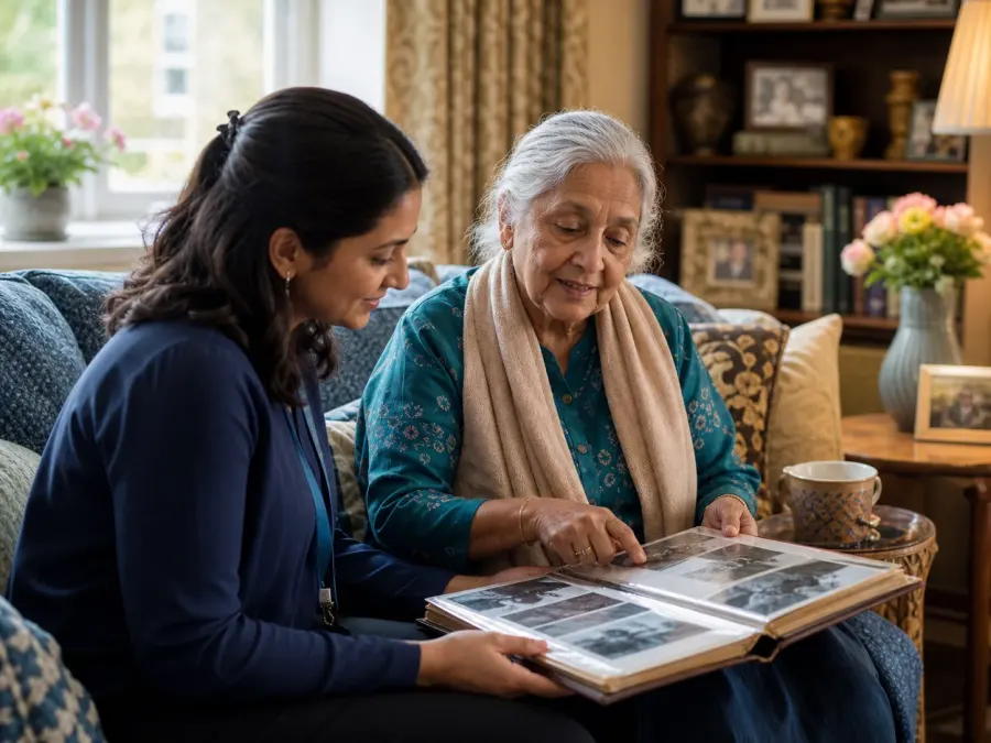 An older woman sharing family photographs with a dementia care professional